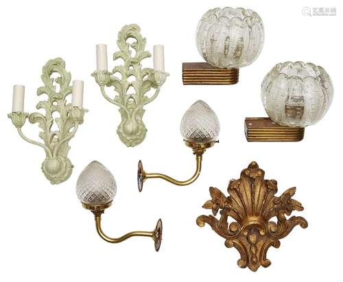 A selection of decorative light fittings, 20th Century and later, comprising a pair of glass and