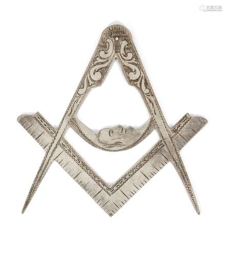 A white metal Masonic set square and compass jewel, 19th century, (unmarked), 10.2cm longPlease