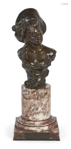 George Van der Straeten, Belgian, 1856-1928, a bronze bust of a lady wearing a hat, ‘Bettina’, on