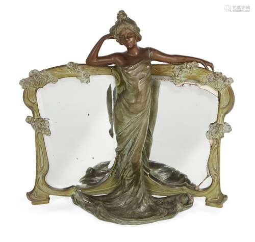 Jules Barian, French, 19th century, a bronze figural mirror, cast as a woman wearing a long