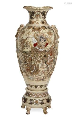 A large Japanese satsuma baluster vase and stand, late Meiji period, painted with panels of lilies