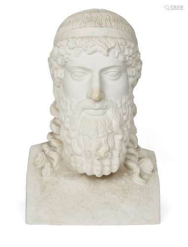 A Hellenistic style plaster bust of a bearded man wearing a headband, 20th century, modelled