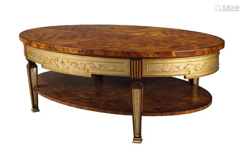 Theodore Alexander, a flame mahogany oval coffee table, late 21st century, the sunburst veneered top