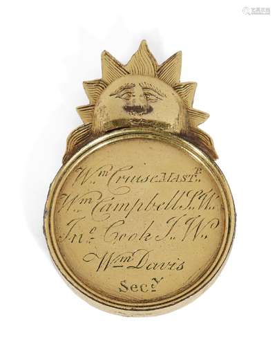 A commemorative gilt-metal Masonic jewel, 19th century, presented to 'Bro. Bolland' by 'Lodge