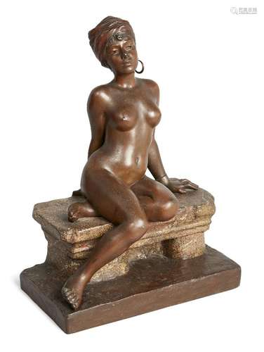 After Emmanuel Villanis, French, 1858-1914, a spelter figure of a Nubian nude slave, modelled seated