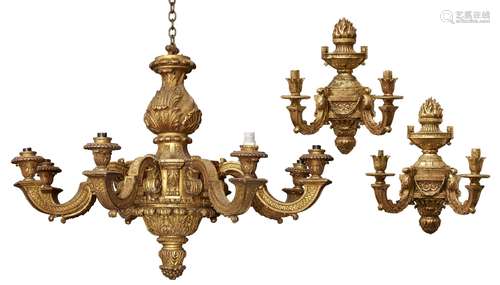 A George I style giltwood eight-branch chandelier and pair of wall lights, c.1900, the chandelier