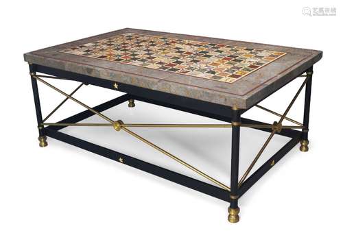 A specimen marble top coffee table, late 20th century, the rectangular marble top on black powder