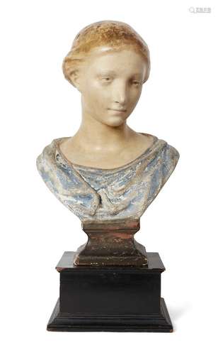 A cold-painted composite bust of a young woman, 19th century, her shawl painted in blue, on square