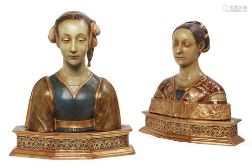 A pair of terracotta busts of Ippolita Maria Sforza and another lady, one bust after Francesco