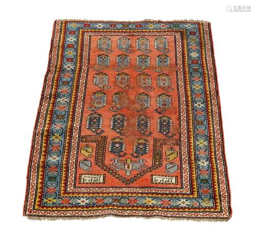 A Derbend prayer rug early 20th century, with signature panels and Botehs in a red field, 135cm x