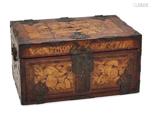 A Dutch walnut and fruitwood marquetry inlaid brass bound box, 18th/19th century, the sides,