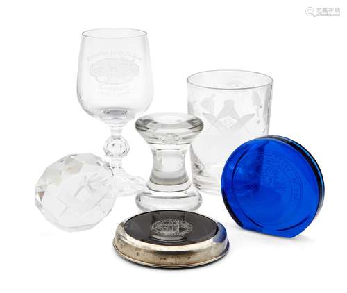 A collection of Masonic interest glassware items, 20th century, comprising: a silver mounted Bristol