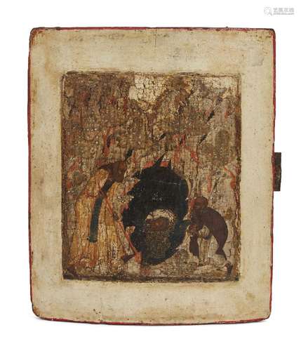 A Russian icon depicting the discovery of the head of John the Baptist, Stroganoff School, late 16th