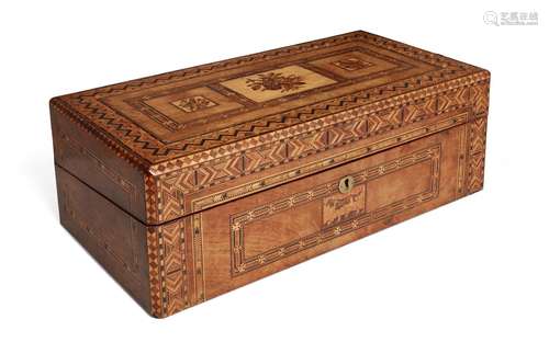 A Tunbridgeware walnut writing slope, late 19th century, the hinged lid inlaid with three panels