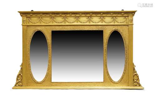 A Regency style giltwood triple plate overmantle mirror, late 20th Century, the frieze with swag