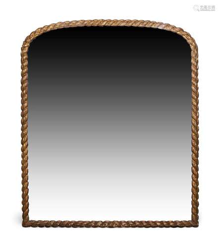 A large gilt overmantle mirror, early 20th century, of arched form with rope twist border, 139cm x