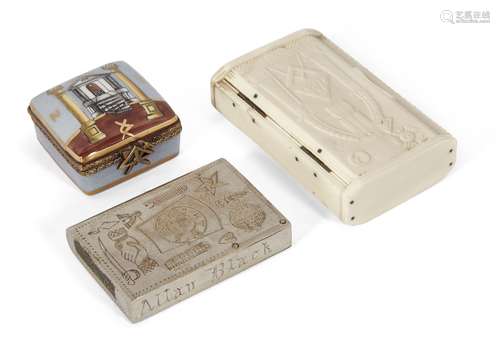 A group of three Masonic interest boxes, 19th century and later, comprising: a carved ivory example,