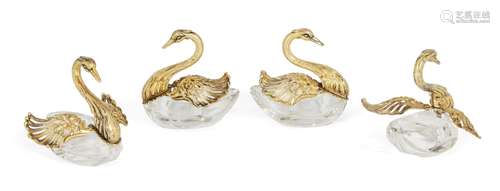 Four silver gilt mounted cut glass swan salt cellars, stamped 835, probably German, maker's mark