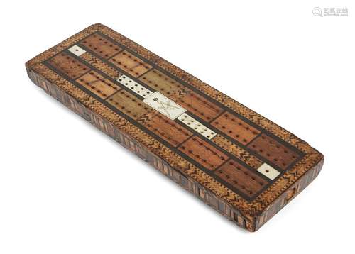 A Masonic Tunbridge ware cribbage board, late 19th century, of rectangular form, the ivory inlay