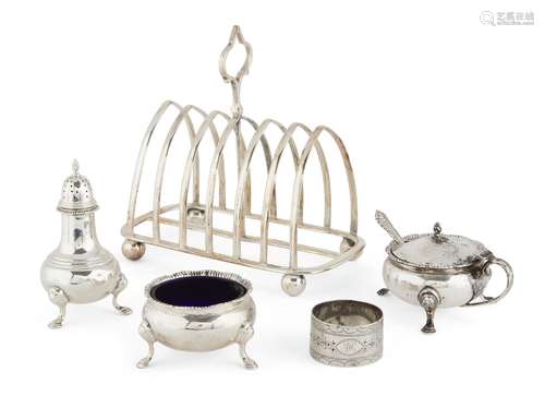 A three-piece silver cruet set, London, c.1949, Edward Barnard & Sons, and a silver plated toast