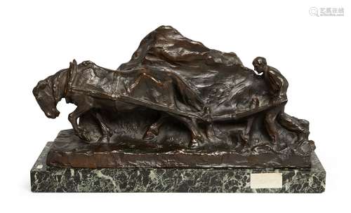 Hans Müller, Austrian, 1873-1937, a bronze figure group of a man driving a horse drawn plough,