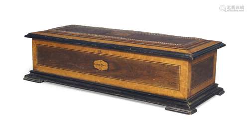 A birdseye maple, ebonised and inlaid music box, late 19th Century, the hinged top with floral