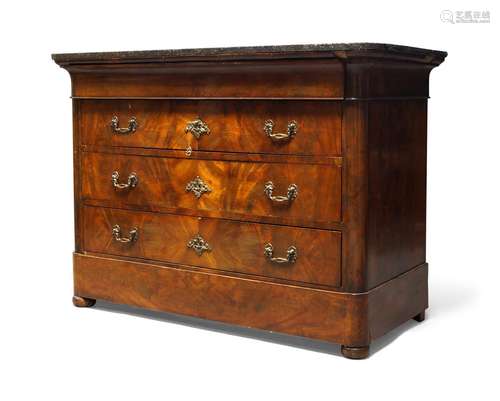 A Charles X mahogany commode, with speckled black rounded rectangular marble top, above blind frieze