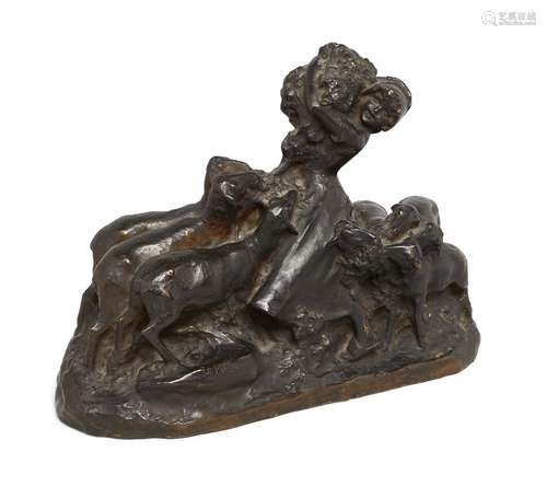 A bronze group of a shepherdess and her flock, early 20th century, the shepherdess modelled