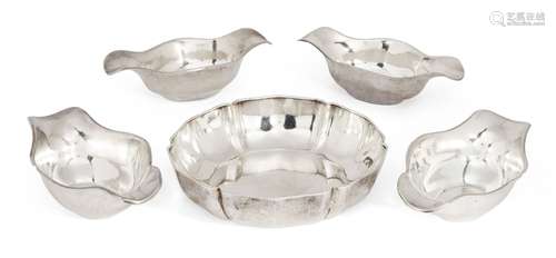 Four French silver sauce boats and a scalloped silver dish, H Fres. & Cie, c.1900, all retailed by