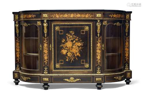 A Victorian ebonised, inlaid and gilt metal mounted credenza, with overall floral marquetry