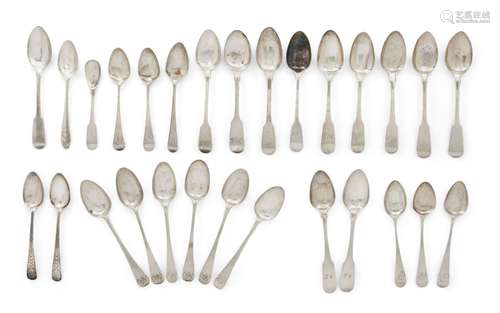 A collection of various Georgian silver teaspoons including: a pair with bright-cut engraved