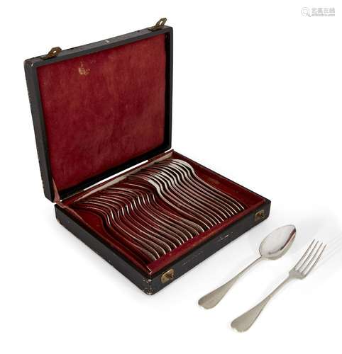 A cased set of 19th century French silver dessert forks and spoons, 1865-1872, Henin Freres, the set