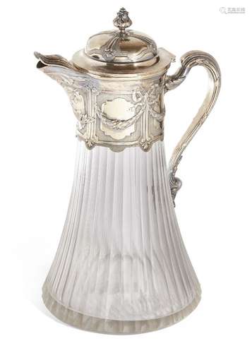 A silver gilt mounted glass ewer, Paris, Joseph Alexandre Martel (1888-1914), the fluted, panelled