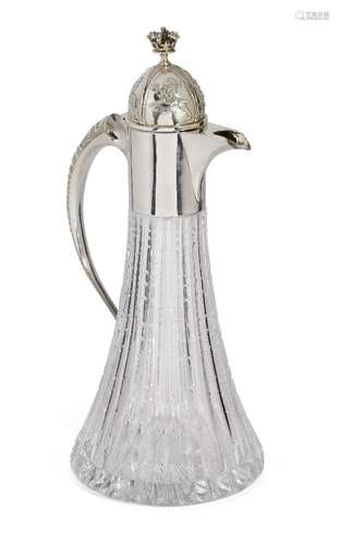 A Garrard & Co. Britannia silver mounted cut glass claret jug, London, c.1977, the hinged domed