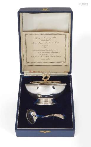A cased Asprey & Co. limited edition silver sugar bowl and sifting spoon, London, c.1972, made to
