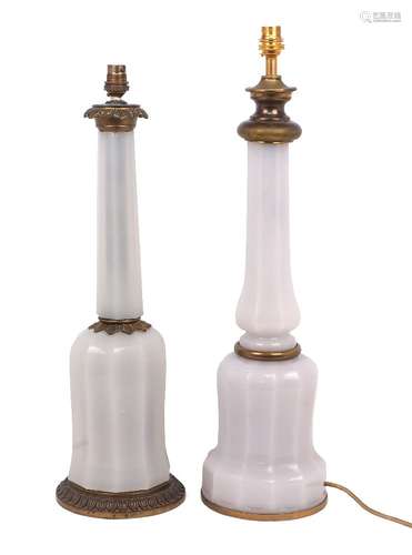 Two glass decorative table lamps, 20th century, one example with faceted body, brass acanthus leaf