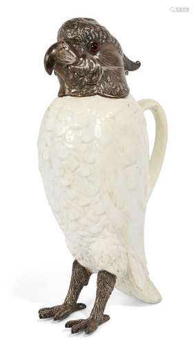 A silver mounted Copeland Spode porcelain novelty claret jug, in the form of a cockatoo with