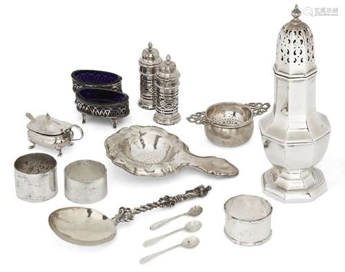 A group of small silver items comprising: a George V silver sugar caster, Birmingham, c.1918,