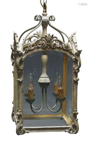 An Italian style painted wood ceiling light, 20th Century, of rectangular form with four glazed