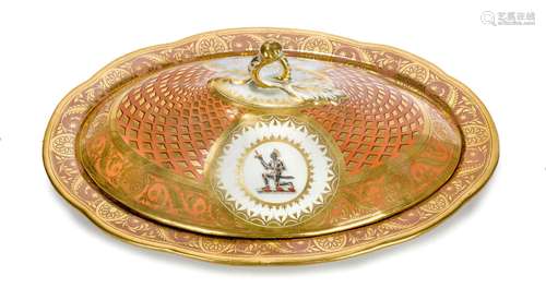 A Chamberlain’s Worcester oval entree dish and cover, 1802, the pale salmon and gilt ground