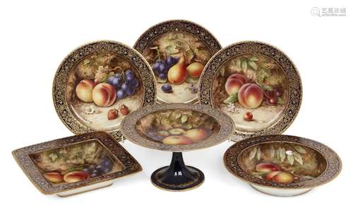 A group of Royal Worcester ceramic wares, 20th century, each painted with fruit by R. Sebright to