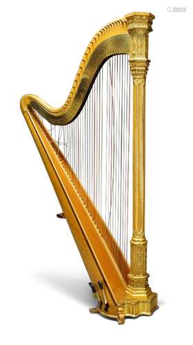 A Victorian parcel-gilt Gothic style harp, by Sebastian and Pierre Erard, with engraved brass