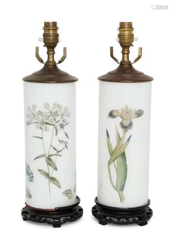 A pair of decalcomania cylindrical table lamps, early 20th century, decorated with butterflies and