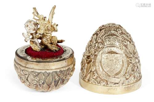 A silver gilt commemorative surprise egg by Stuart Devlin, London, c.1981, opening to reveal a