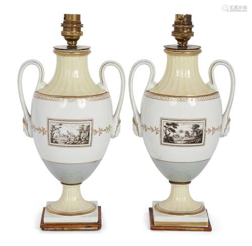 A pair of Ginori twin-handled baluster urn vases, late 19th Century, each with two grisaille