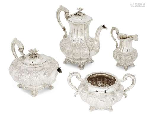 An early Victorian silver four piece tea set, London, c.1844, William Hunter, comprising a coffee