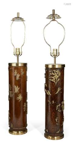 A pair of fabric print roller lamps, 20th century, the oak rollers set with intricate foliate