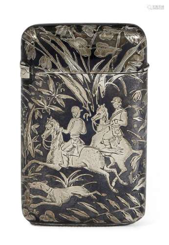 A 19th century French silver and niello vesta case by A. Dubois, depicting a hunting scene with