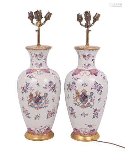 A pair of Samson porcelain vases, late 19th century, converted to table lamps, of baluster form,