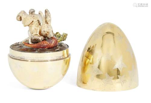 A silver gilt surprise egg, by Stuart Devlin, London, c.1983, opening to reveal a gilded bunny